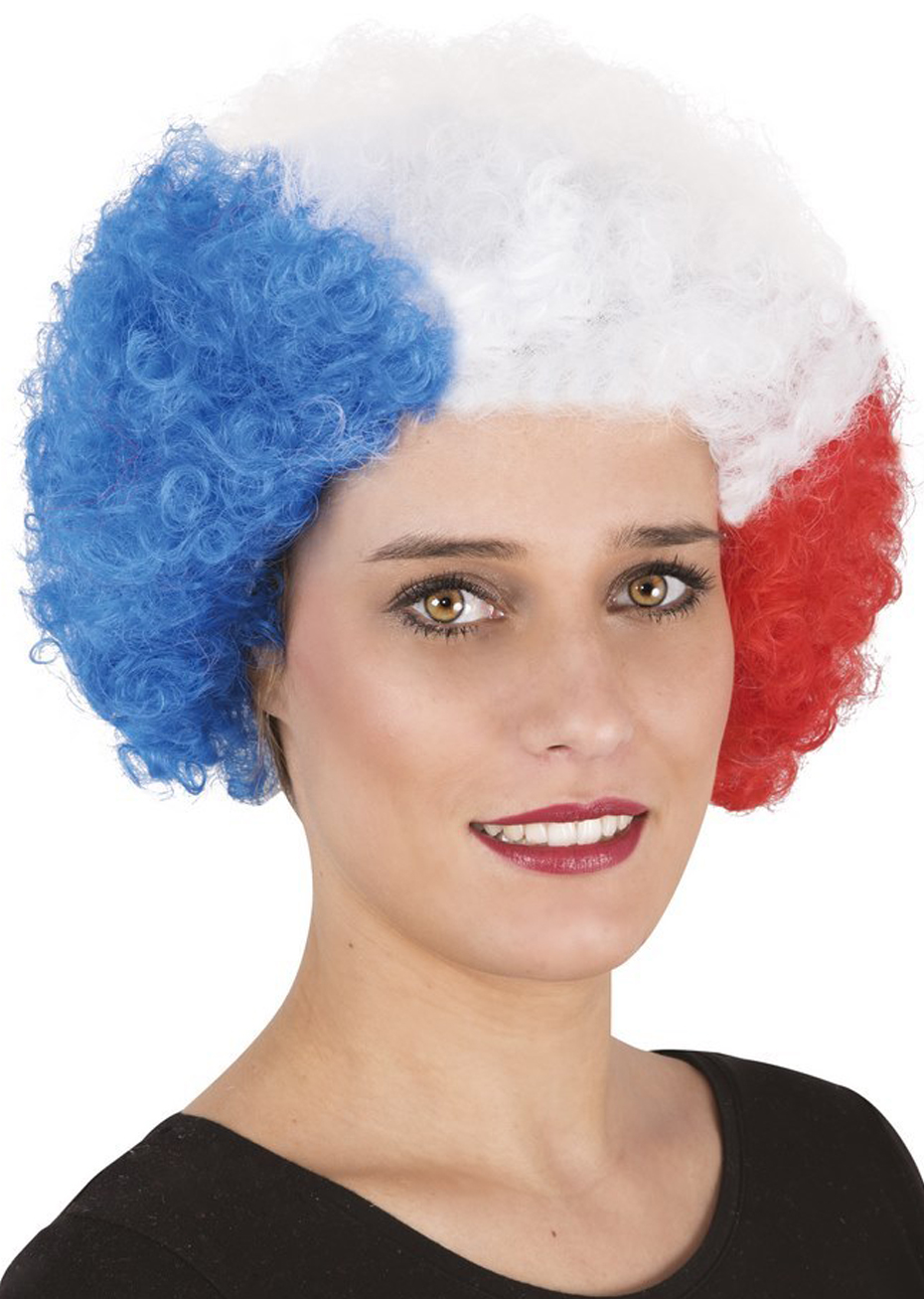Perruque de Supporter France, Afro Bleu Blanc Rouge - Aux Feux de