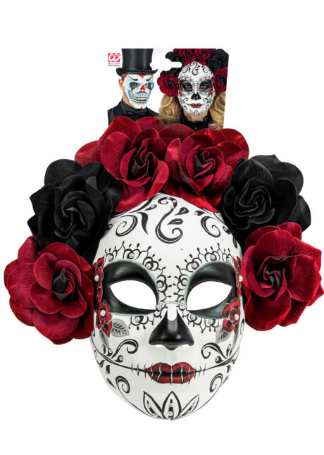 masque squelette mexicain, masque de déguisement, masque mexicain halloween, masque déguisement halloween, accessoire déguisement halloween masque, masque en papier maché, masque dia de la muerte, masque halloween, masque halloween day of death, déguisement jour des morts, masque jour de morts adulte, masque halloween femme, Masque Jour des Morts Mexicain, Fleurs Noires et Rouges