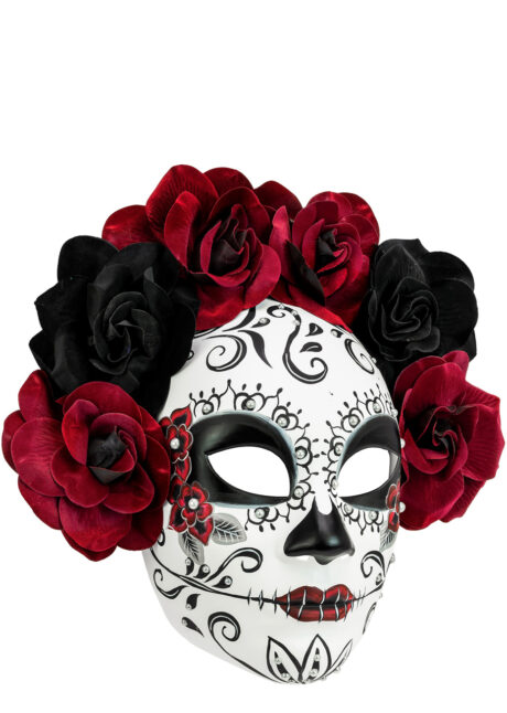 masque squelette mexicain, masque de déguisement, masque mexicain halloween, masque déguisement halloween, accessoire déguisement halloween masque, masque en papier maché, masque dia de la muerte, masque halloween, masque halloween day of death, déguisement jour des morts, masque jour de morts adulte, masque halloween femme, Masque Jour des Morts Mexicain, Fleurs Noires et Rouges