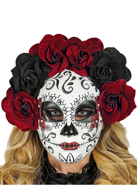 masque squelette mexicain, masque de déguisement, masque mexicain halloween, masque déguisement halloween, accessoire déguisement halloween masque, masque en papier maché, masque dia de la muerte, masque halloween, masque halloween day of death, déguisement jour des morts, masque jour de morts adulte, masque halloween femme, Masque Jour des Morts Mexicain, Fleurs Noires et Rouges