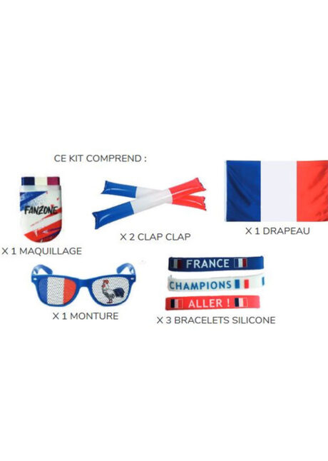kit de supporter France, accessoires de supporter France, Euro 2024, JO, lunettes supporter, drapeau France, Kit Accessoires de Supporter France, avec Drapeau, 8 pièces