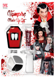 canines de vampire, maquillage Halloween, faux sang, kit de vampire