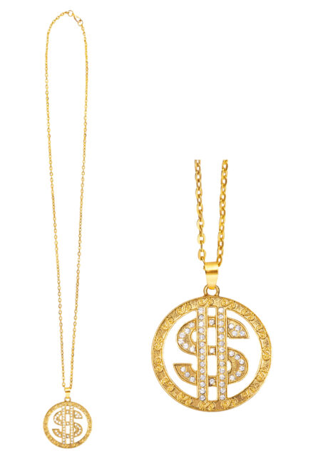 collier dollar, collier chaîne dollar, accessoire bling bling, Collier Dollar Doré sur Chaîne, avec Strass