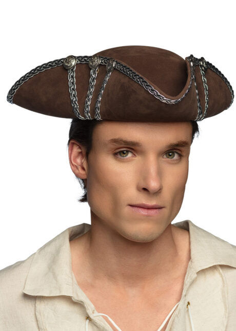 chapeau de pirates, tricorne de pirate, chapeau tricorne qualité, Chapeau Tricorne Marron, Galons Argent, Pirate Alistair