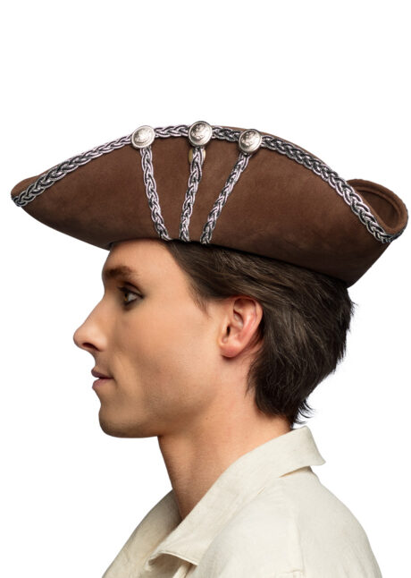 chapeau de pirates, tricorne de pirate, chapeau tricorne qualité, Chapeau Tricorne Marron, Galons Argent, Pirate Alistair