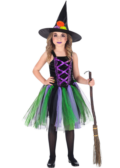 déguisement de sorcière enfant, déguisement de sorcière fille, costume de sorcière Halloween, Déguisement de Sorcière avec Chapeau à Fleurs, Fille