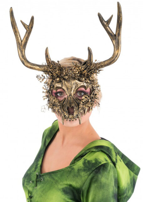 masque de cerf, masque animaux des bois, masque de biche, masque Halloween, masques animaux, Masque de Cerf, Crâne avec Feuilles Dorées