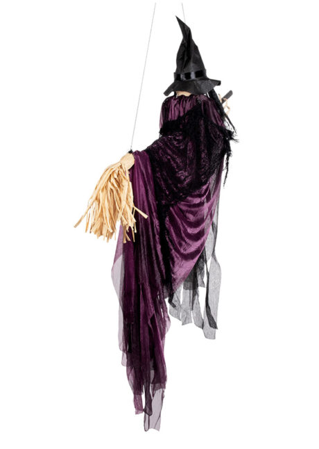 décoration sorcière Halloween, décos Halloween, sorcière sur balai, Suspension Sorcière sur Balai, Robe Violette