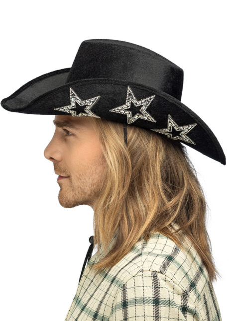 chapeau de cowboy noir, chapeau de cowboy étoiles strass, chapeau Coachella, Chapeau de Cowboy Starlight, Noir et Etoiles Strass