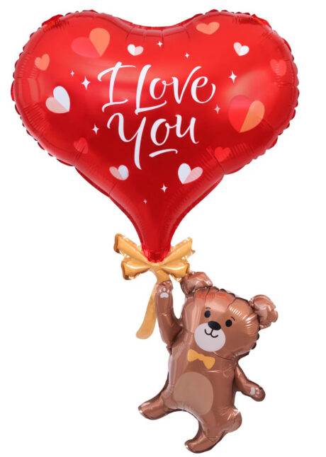 ballon coeur Saint Valentin, ballon ourson et coeur, ballon aluminium coeur, Ballon Coeur et Ourson, I Love You, en Aluminium