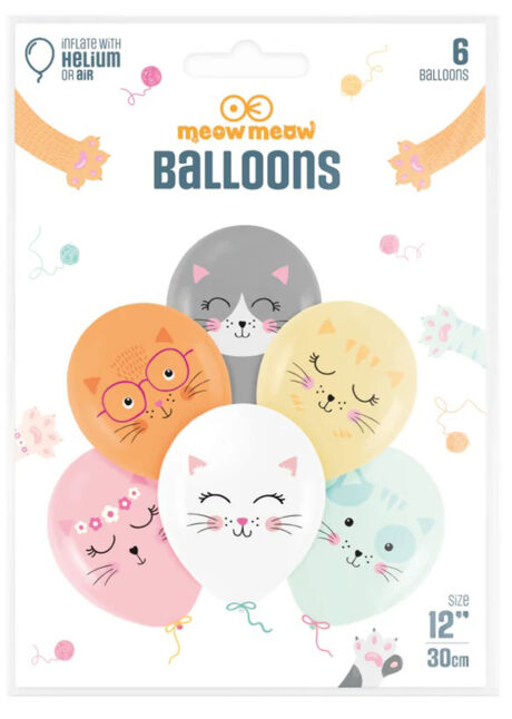 ballons chats, ballons de baudruche anniversaire enfants, ballons chats hélium, 6 Ballons Imprimés Chats Multicolores, en Latex