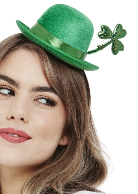 chapeau saint patrick, accessoire saint patrick, trèfle saint patrick, serre tête saint patrick, irlandaise, Mini Chapeau Melon Saint Patrick, avec Trèfle